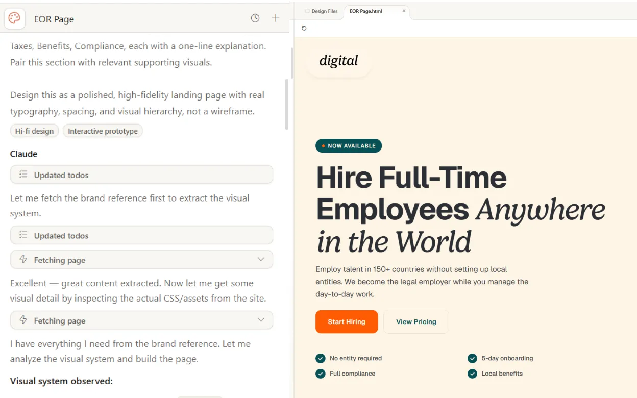 The Claude Design interface generating the Global Hiring Employer of Record landing page, with the iteration conversation on the left and the rendered page on the right