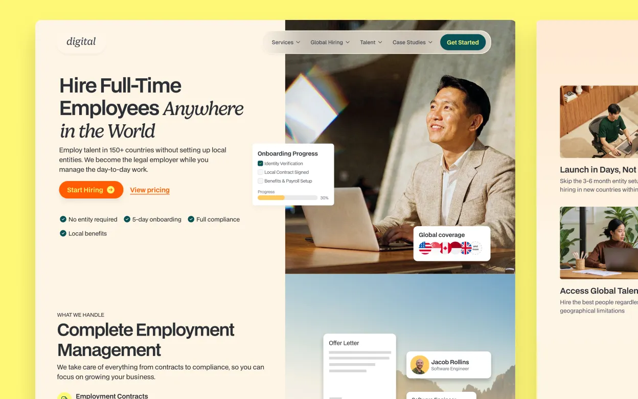 The final Employer of Record landing page, refined in Figma Design from the Claude Design starting point