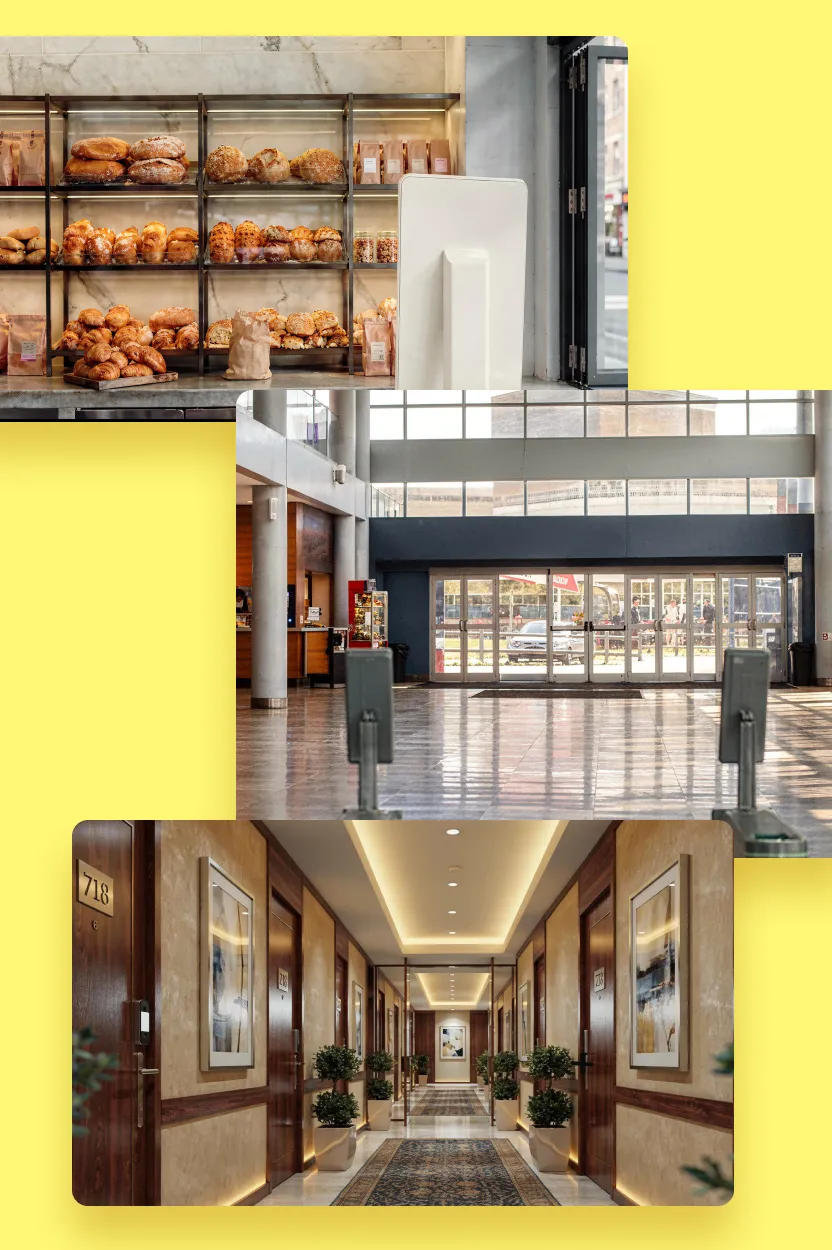 Three fully AI-generated settings shown together: a stadium concourse, a bakery, and a hotel corridor