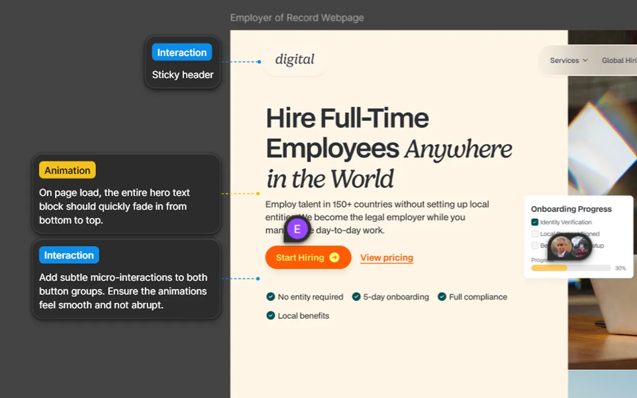 A static landing page mockup covered in annotations from designers, developers, and project leads, illustrating the slow middle of design review rounds