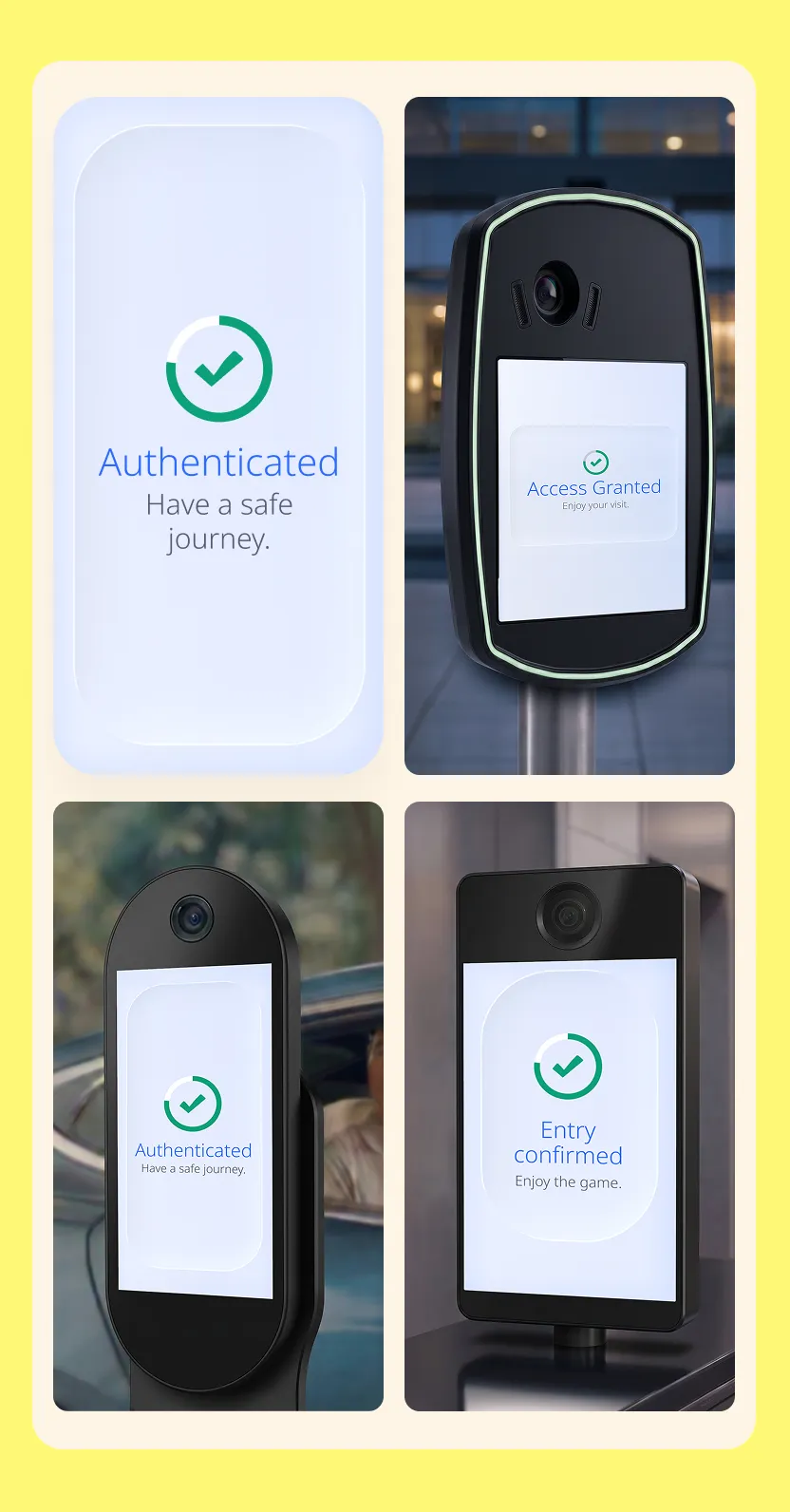 A UI/UX designer's hand-built toll-lane authentication screen shown next to the same designed screen running live across the scanner devices in the video